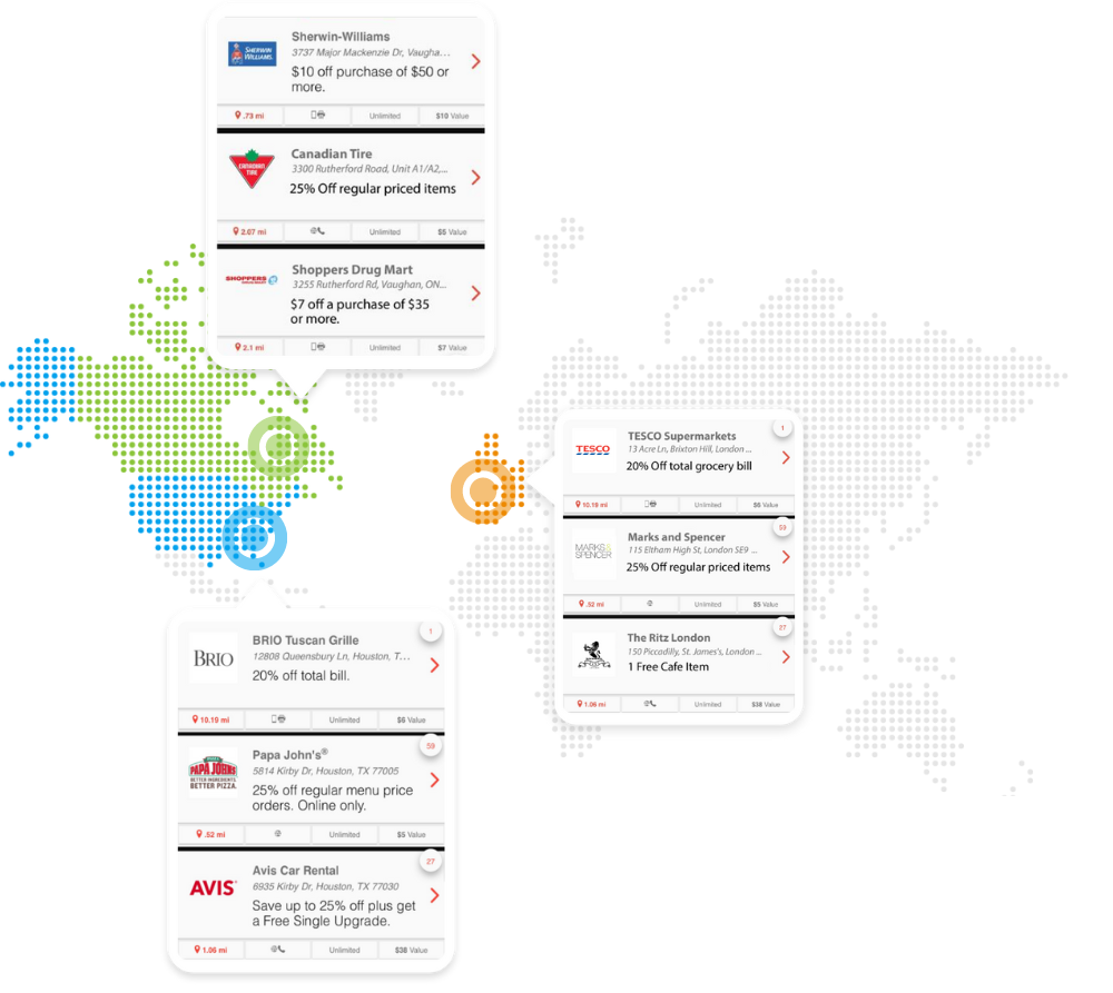 Map of Redeo's US, Canada and UK merchant partners with sample discount offers